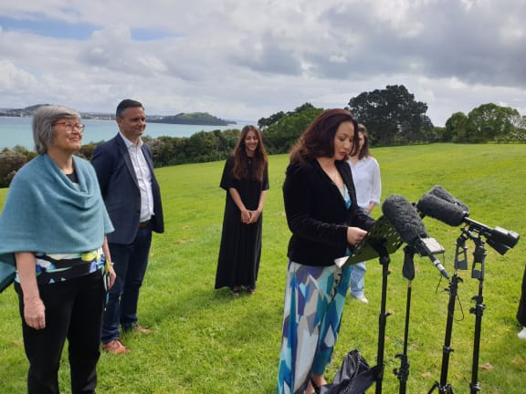 Green Party co-leader Marama Davidson announces the party's policy at Bastion Point.