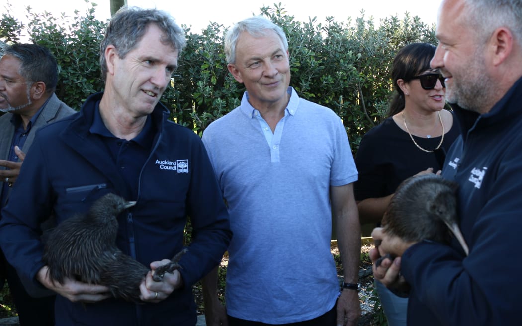 Auckland mayor Phil Goff with Auckland Council staff, shortly before the kiwi were released into the Hunua Ranges.