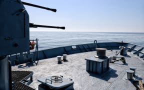 The deck of a Ukrainian Navy cutter on patrol in the Black Sea along the coast of Odesa, Ukraine, in April 2025.