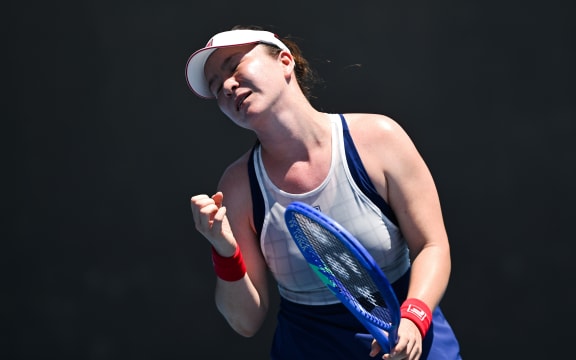 Lulu Sun of New Zealand reacts during the Women’s 1st round match against Linda Fruhvirtova of the Czech Republic.