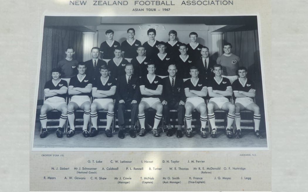 The team photo for the New Zealand football team that travelled to Vietnam during the conflict in that country.