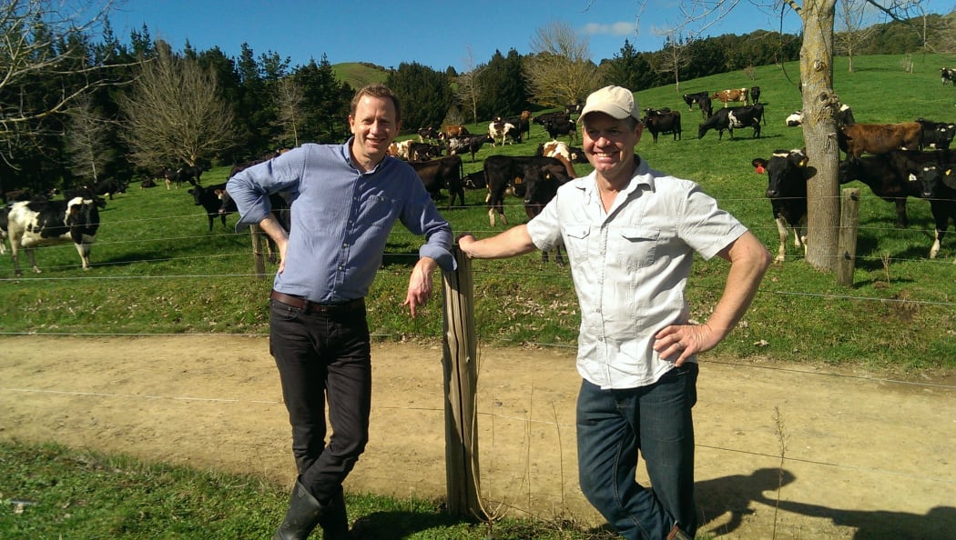 Russel Norman and farmer Mike Moss.