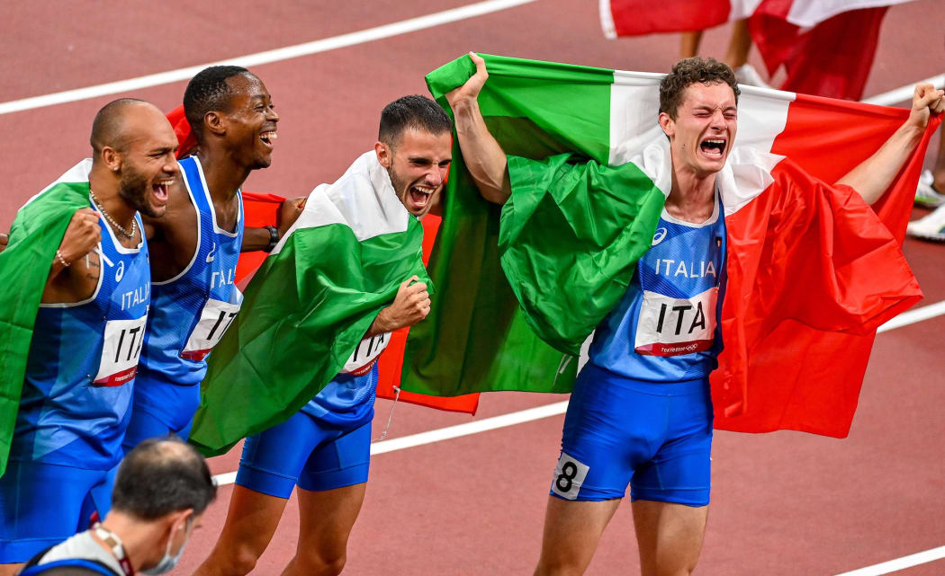 Italy win the mens 4 x 100m final. Team of Lorenzo Patta, Eseosa Desalu, Marcell Jacobs and Filippo Tortu  Olympic Stadium, Tokyo, , Tokyo 2020 Olympic Games. Athletics Finals Friday 6 August 2021. Mandatory credit Â© Steve McArthur / www.photosport.nz