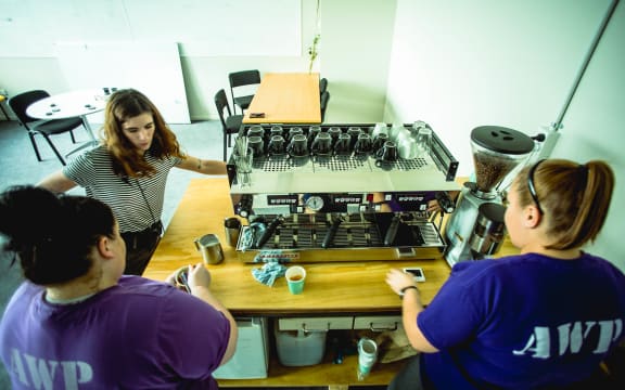 Lauren Tennent and two inmates on Trade School Industries' barista training course, Arohata prison.