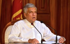 Sri Lankan Prime Minister Ranil Wickremesinghe speaks during a press conference in Colombo on April 21, 2019. - Eight people have been arrested in connection with a string of deadly blasts that killed more than 200 people in Sri Lanka on April 21, the country's Prime Minister said.