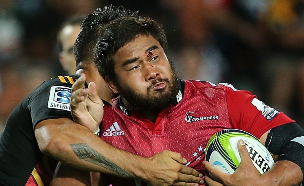 The Crusaders' Ben Funnell is tackled by by Chiefs' captain Liam Messam in their Super Rugby Match.