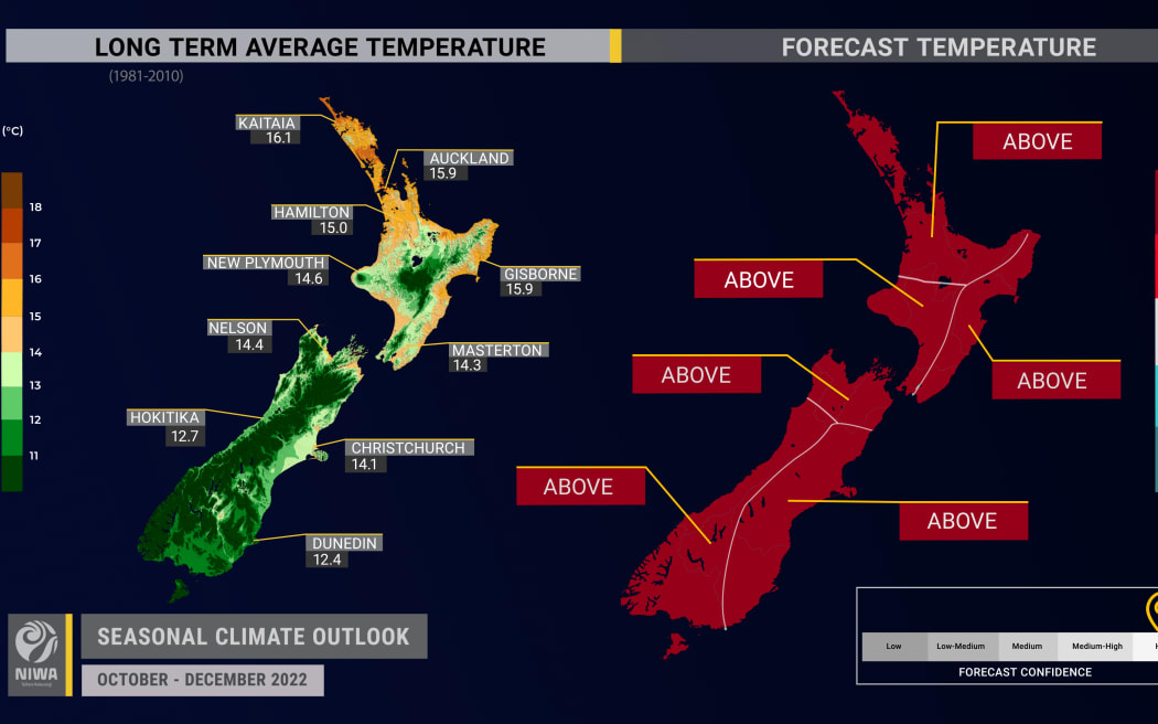 NIWA's temperature predictions from October until December 2022.