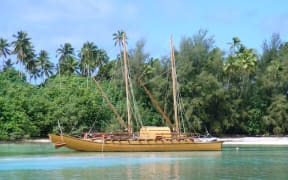Double hulled vaka marumaru atua Rarotonga, Cook Islands 2010.