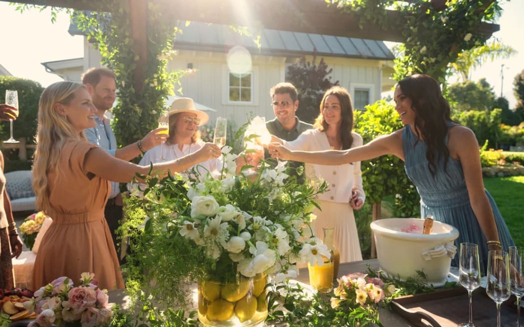 Meghan pictured with her friends and Prince Harry, Duke of Sussex in episode eight.