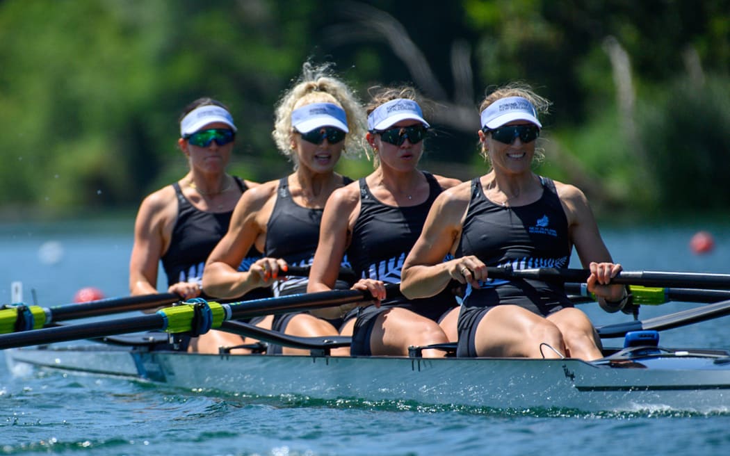 New Zealand Women’s Four...  (L to R) Phoebe Spoors, Ella Cossill, Jackie Gowler and Davina Waddy during a 2023 World Cup regatta in Switzerland