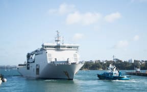 The HMNZS Canterbury pictured leaving the Devonport Naval Base in Auckland.