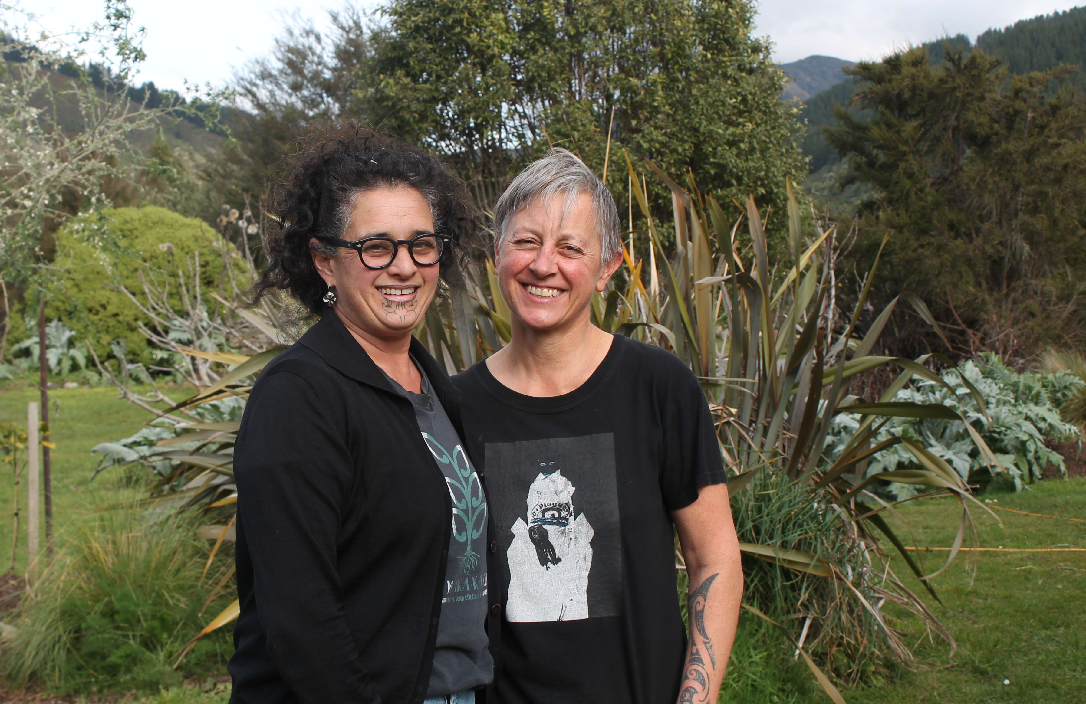 Jessica Hutchings and Jo Smith at their farm in Kaitoke
