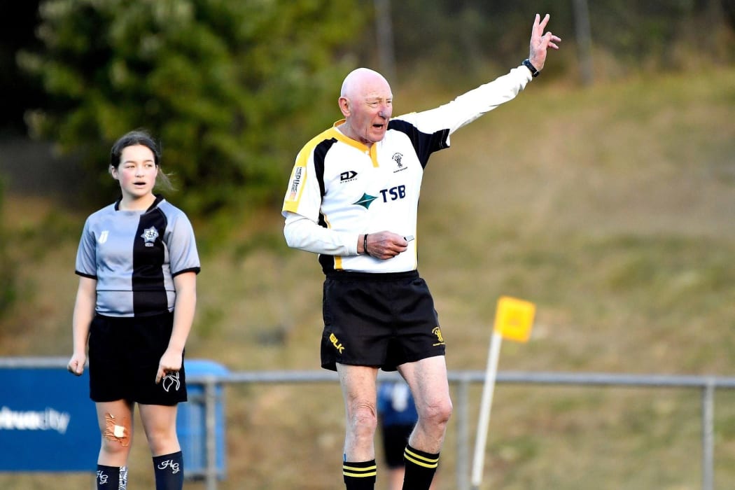 Rex Ward, who is still refereeing rugby matches in his 80's