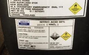 Police said four 20-litre black containers of the acid were stolen during a burglary on Monday night on Wingatui Road in Mosgiel.