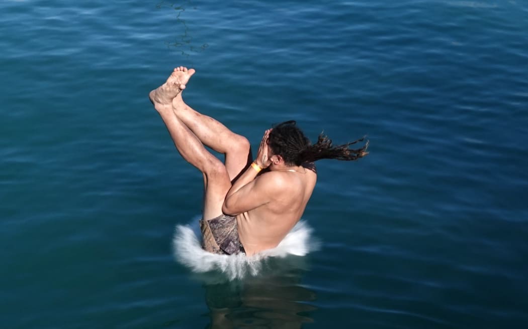 Supreme champion Kree Smith, of Northland’s Wainui Valley, hits the water at Russell's Manu Masters.