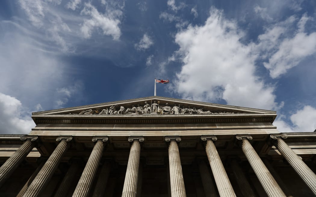 (FILES) The facade of the British Museum is pictured in central London on August 24, 2018. The British Museum on Wednesday said it had dismissed a member of staff after items from its collection were found to be "missing, stolen or damaged". The items included gold jewellery and gems of semi-precious stones and glass dating from 15th century BC to the 19th century, it said in a statement. (Photo by Daniel LEAL / AFP)