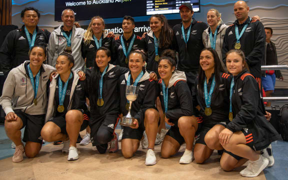 The Black Ferns arrive home in New Zealand after defending their Sevens World Cup title in San Francisco.