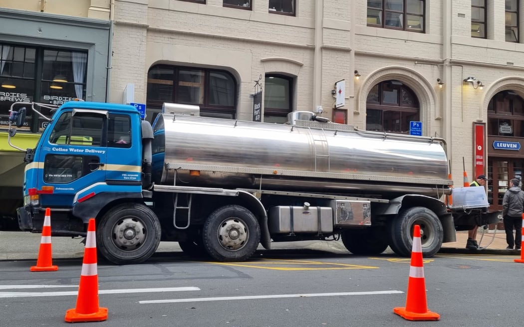 A water tanker to provide drinking water to people after a burst pipe left about 100 properties in the Wellington CBD without water on 14 September 2023.
