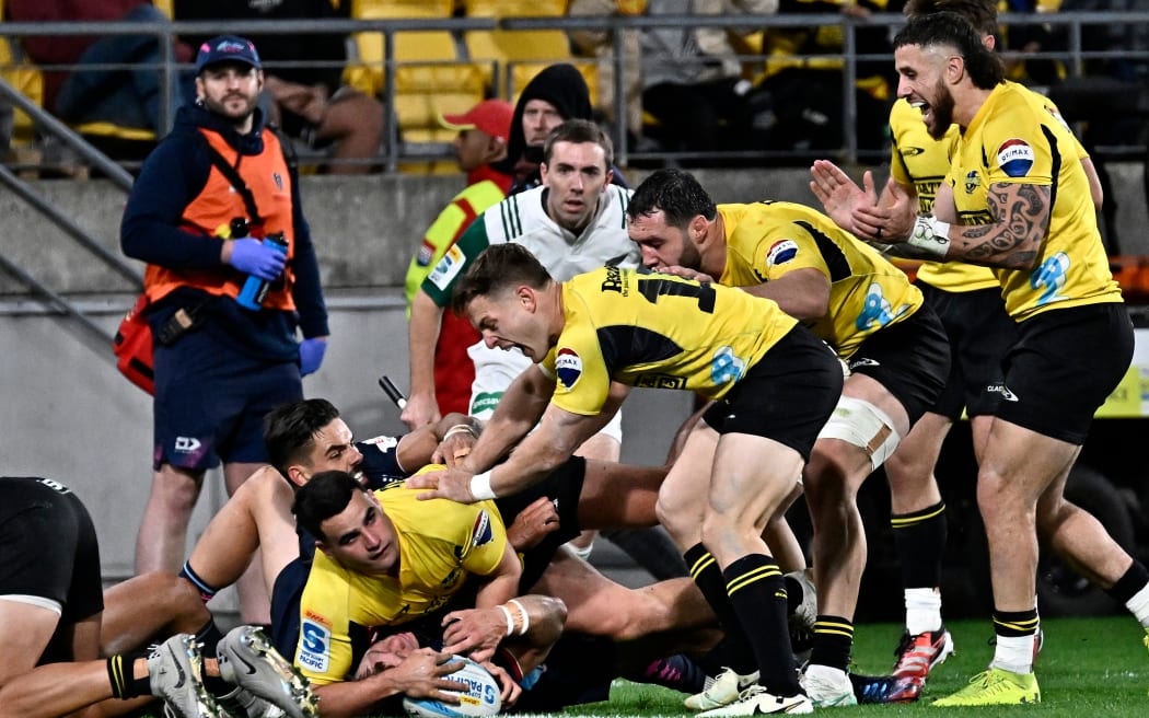 Joshua Moorby of the Hurricanes celebrates a try during the Super Rugby Pacific Quarter Final - Hurricanes v Rebels at Sky Stadium, Wellington, New Zealand on Saturday 8 June 2024.                                                                    
Copyright photo: Masanori Udagawa /  www.photosport.nz