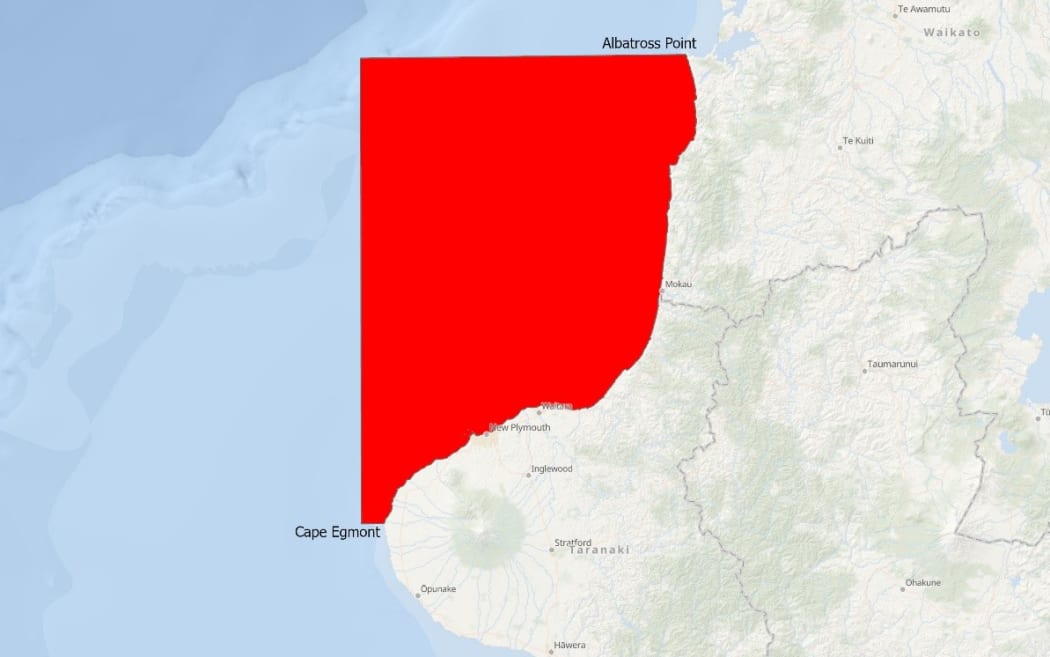 The warning extends from Cape Egmont north to Albatross Point, near Kawhia.
