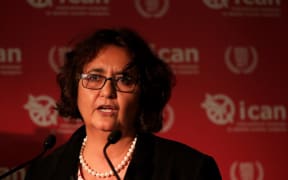 Vanessa Griffen speaks at an event in Melbourne to mark the International Campaign For Abolishing Nuclear Weapons (ICAN) receiving its 2017 Nobel Peace Prize award.
