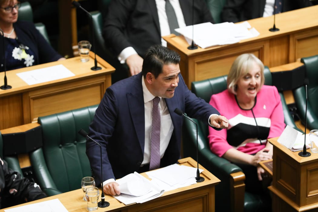 National Party Leader Simon Bridges points at the Government during his speech on Budget 2018.