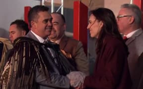 Dr Rangi Matamua greets PM Jacinda Ardern at hautapu for Matariki at Te Papa