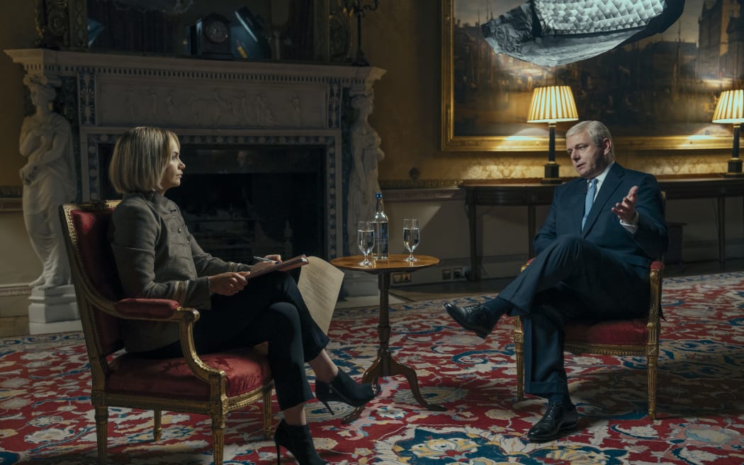 Ruth Wilson as Emily Maitlis and Michael Sheen as Prince Andrew in Amazon Prime's A Very Royal Scandal.