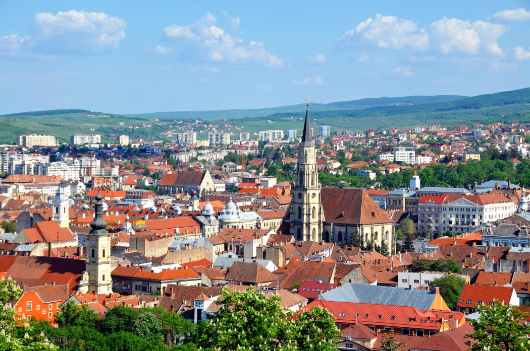 Looking over the city of Cluj-Napoca towards Union Square and St. Michaels Church.