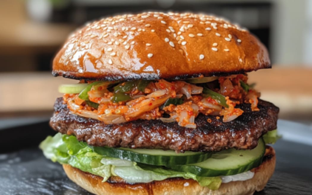 Korean	BBQ	Beef	Burgers with Kimchi Slaw.