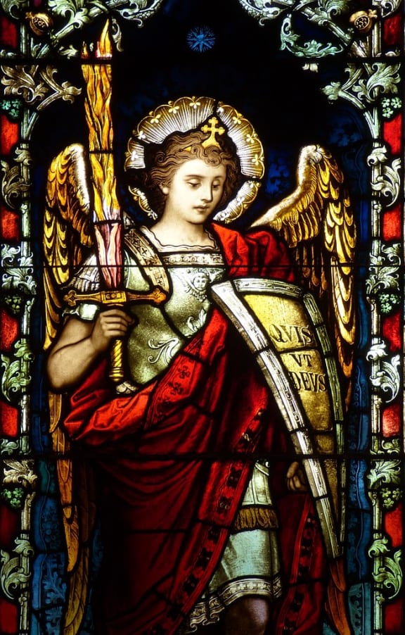 Detail of Archangel Michael on stained glass window in St. Stephen the Martyr Daily Mass Chapel in Omaha.