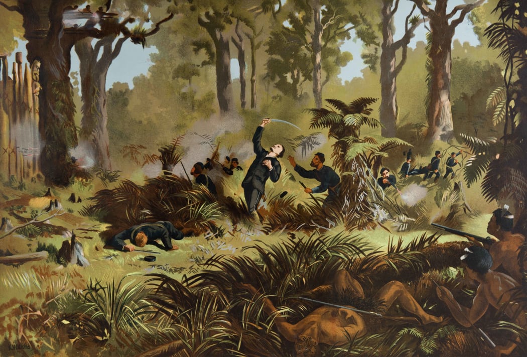 Kennett Watkins’ romanticised painting of the death of Gustavus von Tempsky during a battle against Tītokowaru at Te Ngutu-o-te-Manu, 1868.