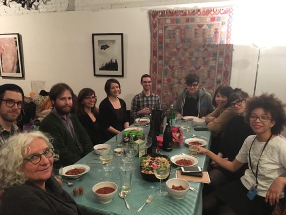 The Xfer Collective give up their time to save VHS tapes for community groups:  front left around the table: Andrea Callard, Andrew Weaver, Michael Grant, Caroline Gil, Marie Lascu, Ethan Gates, Rachel Mattson, Mary Kidd, Dinah Handel, Carmel Curtis
