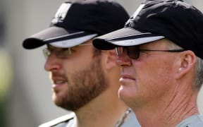 John Bracewell during his time as Black Caps captain.  Dan Vettori is alongside him.