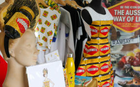 Vegemite-themed items and accessories on display at the Museum, including a bedazzled Vegemite fascinator and a Vegemite apron.