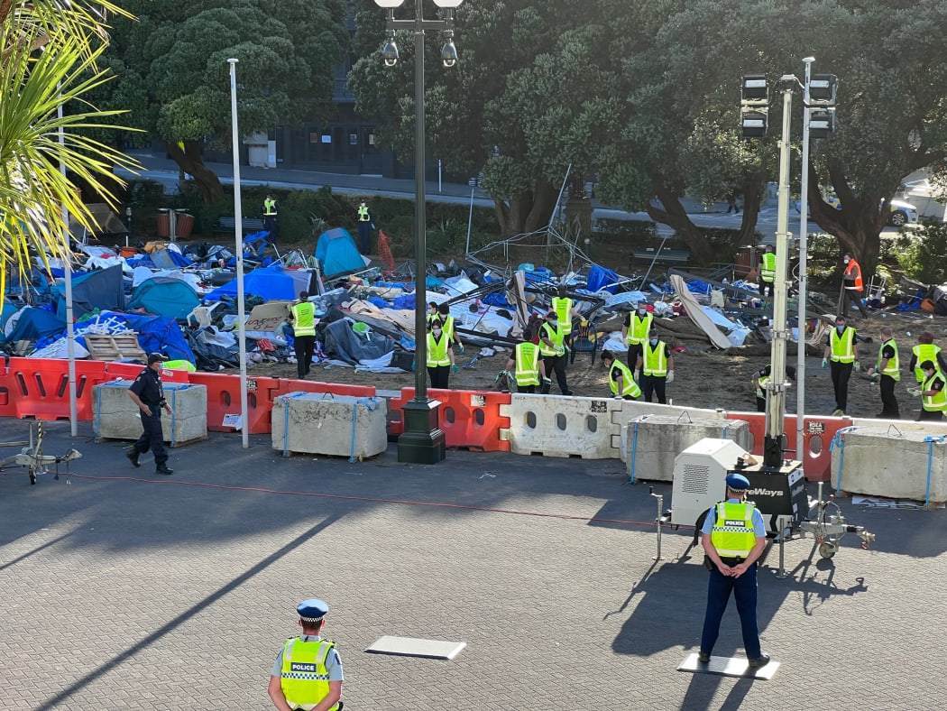 A heavy police presence remained in place at Parliament grounds on the morning of 3 March, 2022, a day after protesters were expelled from the area.