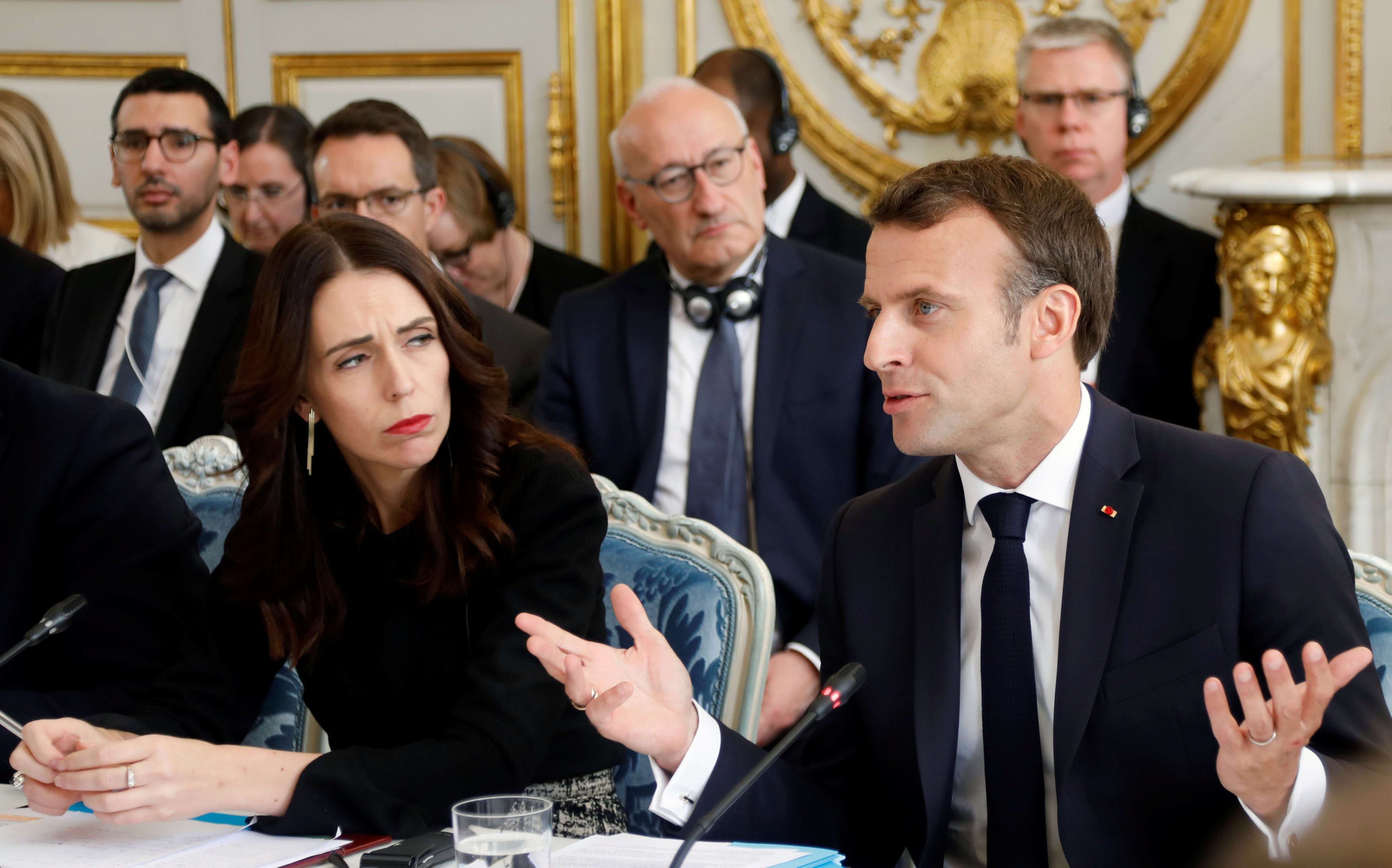 French President Emmanuel Macron and Prime Minister Jacinda Ardern attend a launching ceremony for the 'Christchurch Call' at the Elysee Palace in Paris, on May 15, 2019.