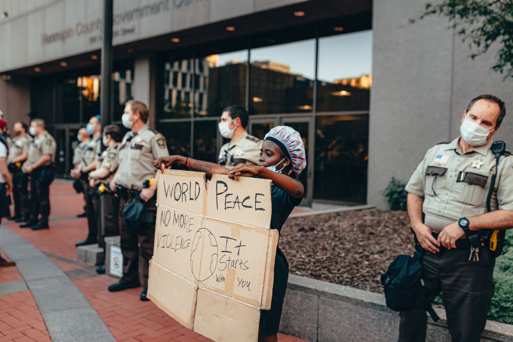 A demonstrator in Minneapolis, MN, during George Floyd protests.