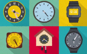 A composite illustration of nine different clocks.