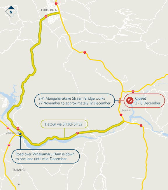 The detour is expected to add approximately 20 minutes to a journey between Taupō and Tokoroa.