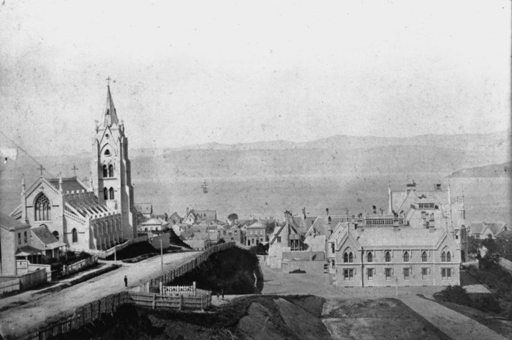 St Mary's Catholic Cathedral and Parliament Buildings, Hill Street, Thorndon, [ca 1880]