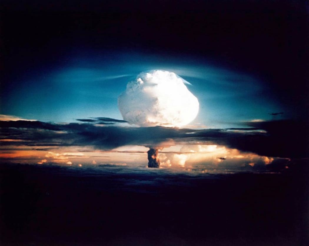 The cloud from an experimental thermonuclear device or H-bomb on Elugelab Island in the Enewetak atoll in 1952.