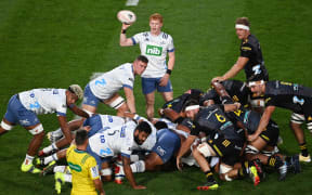 Finlay Christie stands over a collapsed scrum, Chiefs v Blues, Super Rugby Aotearoa. 2021.