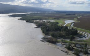 Floodwaters at the Wairau River at the Southern Valleys intake, Marlborough.