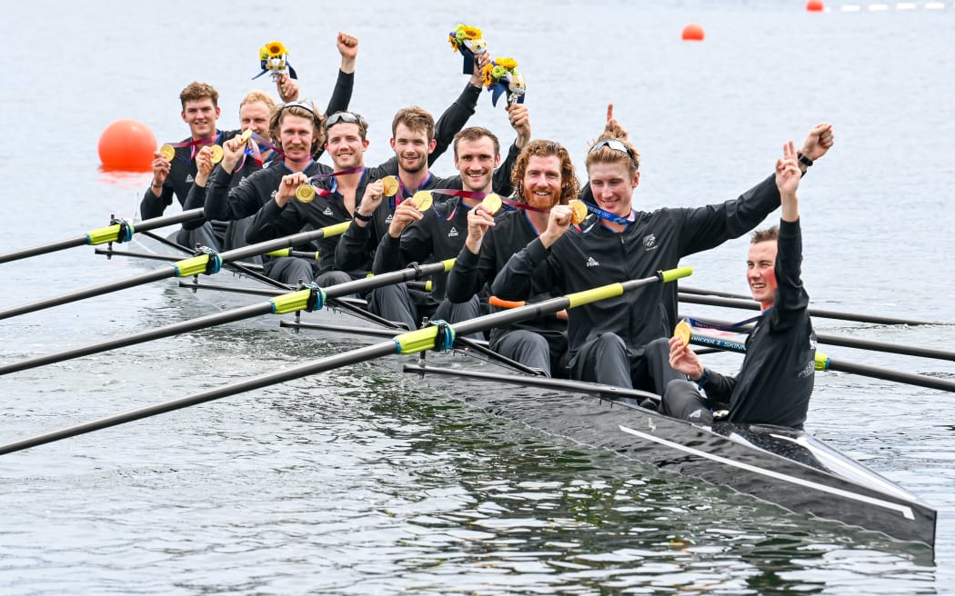 Matt Macdonald (stroke), Shaun Kirkham, Phillip Wilson, Dan Williamson, Michael Brake, Tom Murray, Hamish Bond, Tom Mackintosh (bow) and Sam Bosworth (coxswain) New Zealand Men's Eight, Gold medalists Tokyo Olympics.