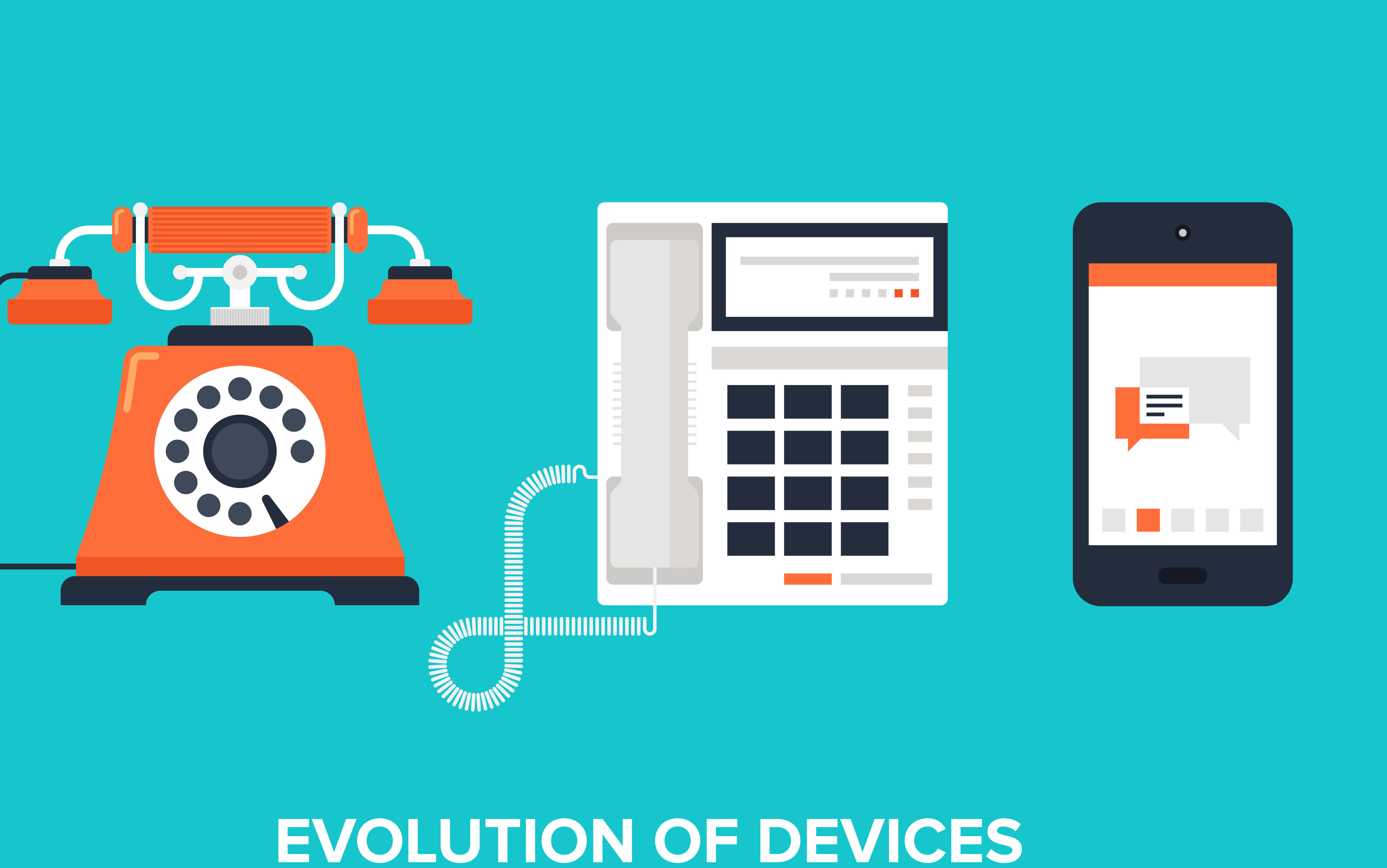 Flat vector illustration of evolution of communication devices from classic phone to modern mobile phone.