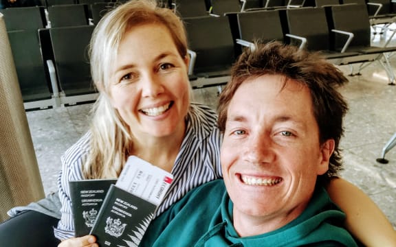 Alexa Cook and her partner ready to leave to fly to NZ.