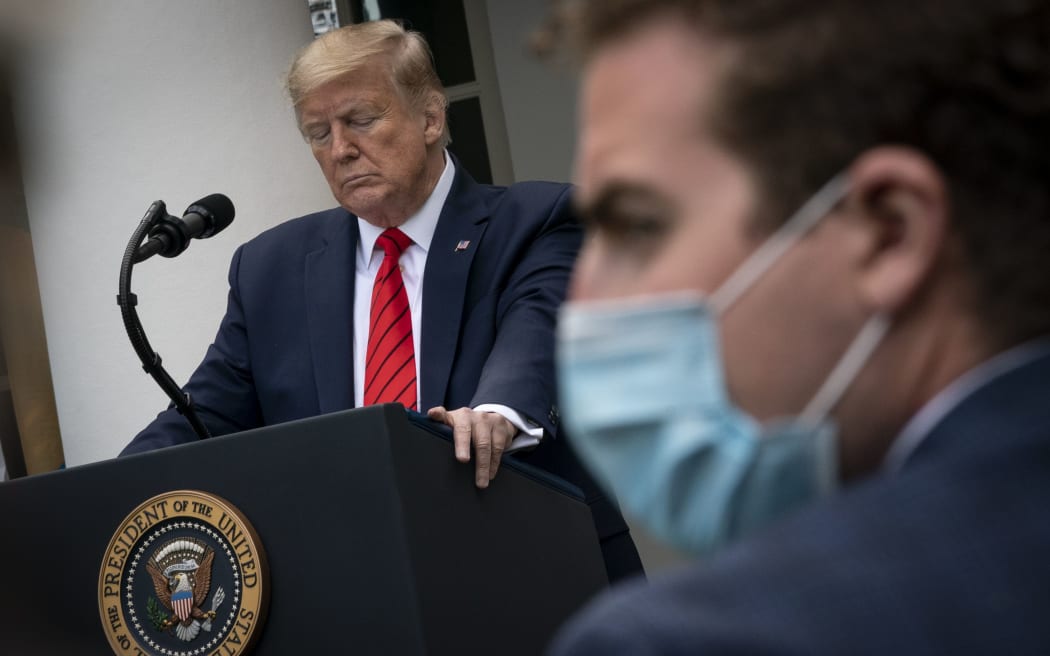 President Donald Trump at a Covid-19 media conference in the Rose Garden of the White House on 11 May 2020 in Washington, DC.