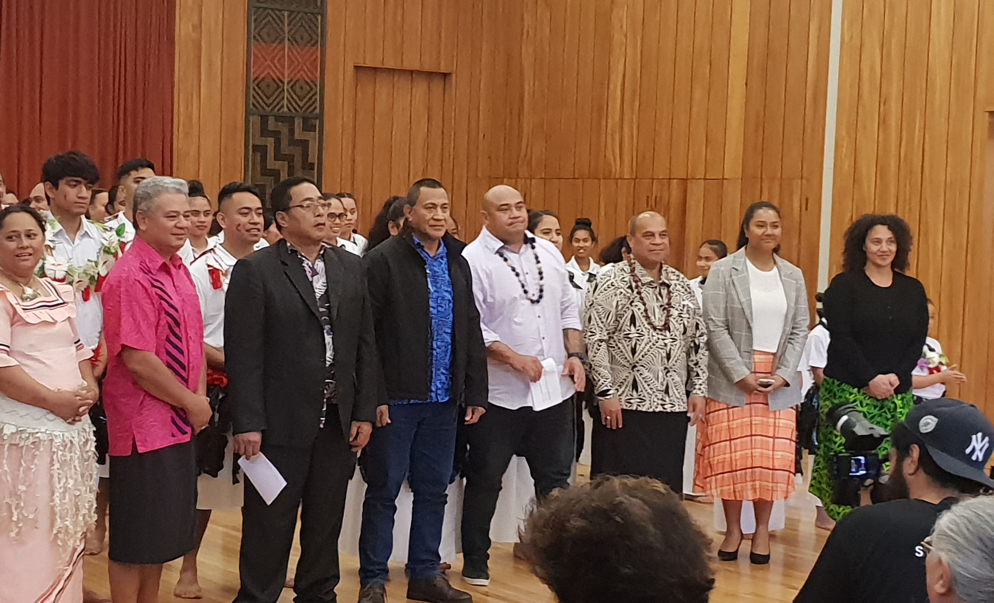 Guests from left, Agatha Ferei, her husband and Fiji Rotuman group chair Pasirio Fuirivai; Gagaj (chief) Tomanov; Pastor George Aptinko; NZ Rotuma group chair Gabe Penjueli; Minister Aupito William Sio; Youth MP for Mangere 'Alakihihifo Vailala; and TV producer Ngaire Fuata.
