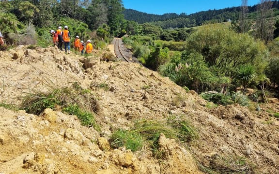 A large slip fell over the main railway freight line between Auckland and Northland during Cyclone Gabrielle.